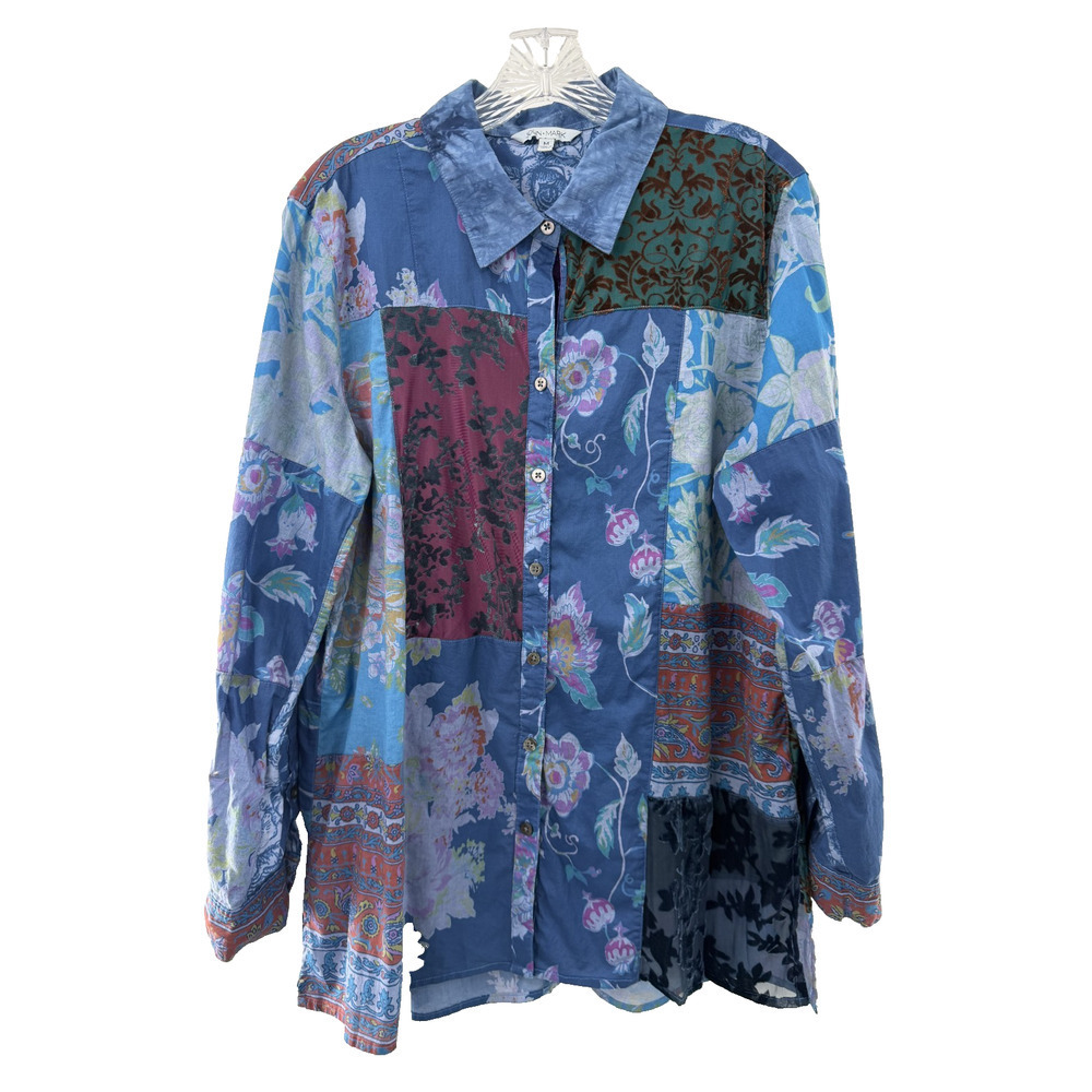 John Mark Women's Patchwork Floral Fabric Button Down Shirt Size Medium